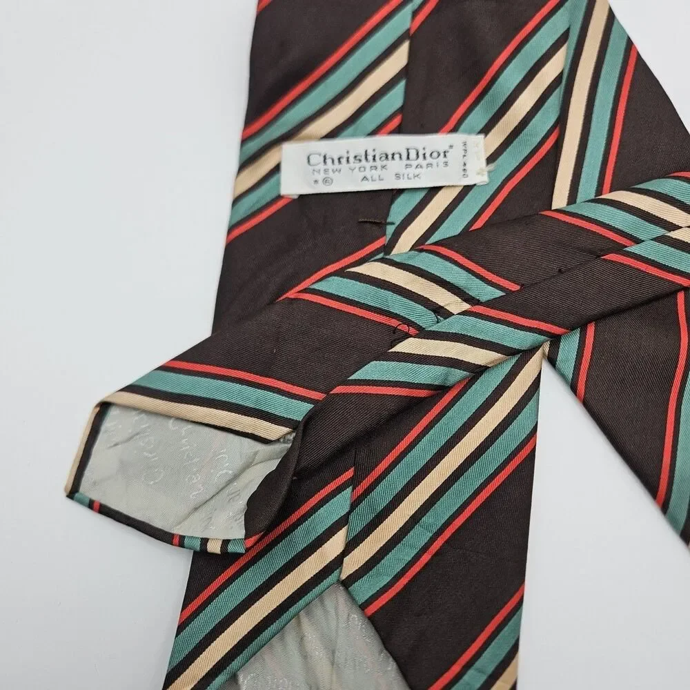 VTG Christian Dior Silk Brown Base Stripe Tie Old Money Designer 56.5x4 1/8